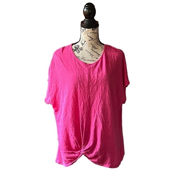 Rachel Ray Hot Pink Cap Sleeve Boxy Knot Hem Pullover Barbie Linen Tee Shirt 1X - Picture 1 of 9